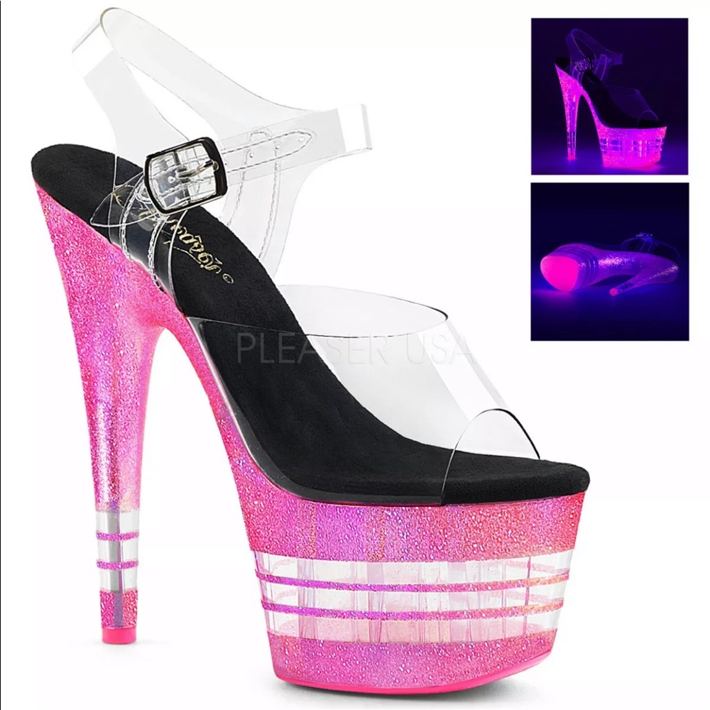 7" CLEAR PINK GLITTER GLOW IN DARK STRIPPER HEELS